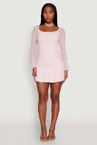 Womens Iris Lace Overlay Long Sleeve Mini Dress, Pink, Size S