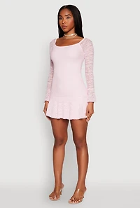 Womens Iris Lace Overlay Long Sleeve Mini Dress, Pink, Size S