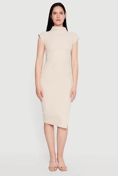 Brushed Knit Mock Neck Side Ruched Midi Dress