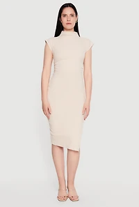 Brushed Knit Mock Neck Side Ruched Midi Dress