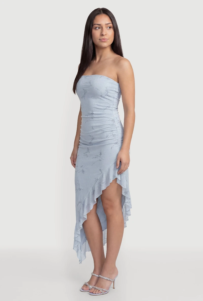 Rhinestone Floral Mesh Ruffle Trim Asymmetrical Dress