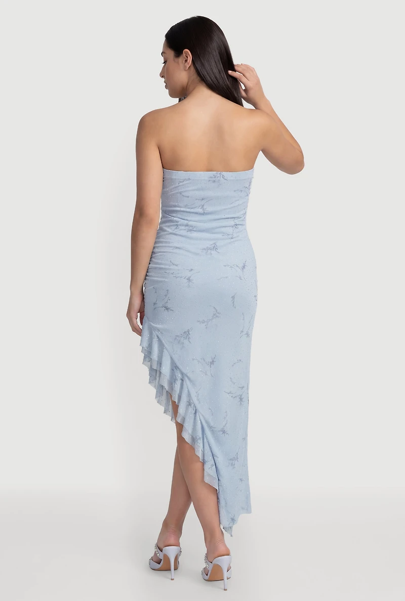 Rhinestone Floral Mesh Ruffle Trim Asymmetrical Dress