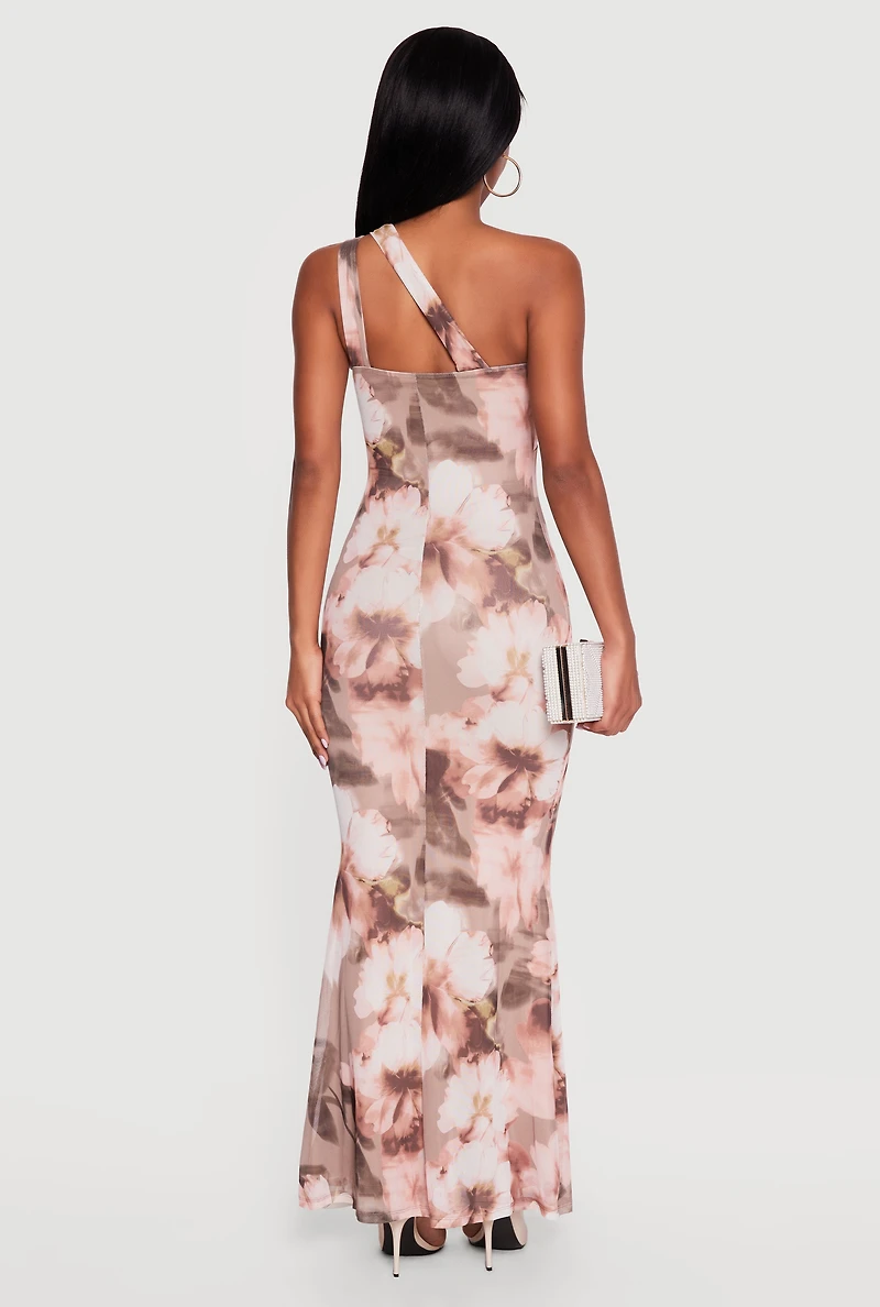 O Ring Cutout Floral One Shoulder Maxi Dress