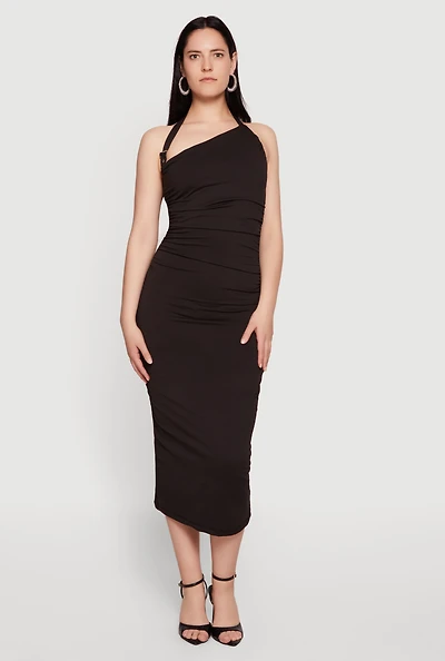 Buckle Detail Asymmetrical Halter Midi Dress
