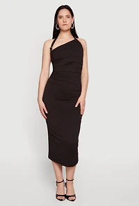 Buckle Detail Asymmetrical Halter Midi Dress