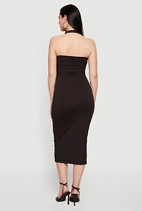Buckle Detail Asymmetrical Halter Midi Dress