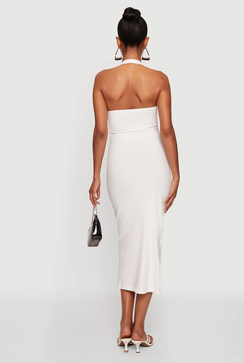 Buckle Detail Asymmetrical Halter Midi Dress