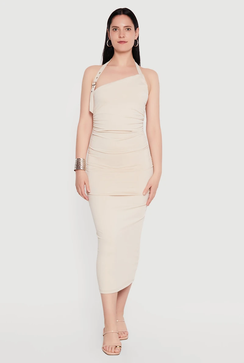 Buckle Detail Asymmetrical Halter Midi Dress