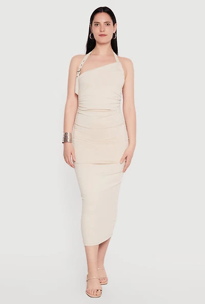 Buckle Detail Asymmetrical Halter Midi Dress