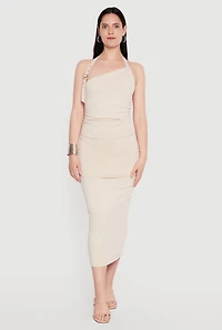 Buckle Detail Asymmetrical Halter Midi Dress
