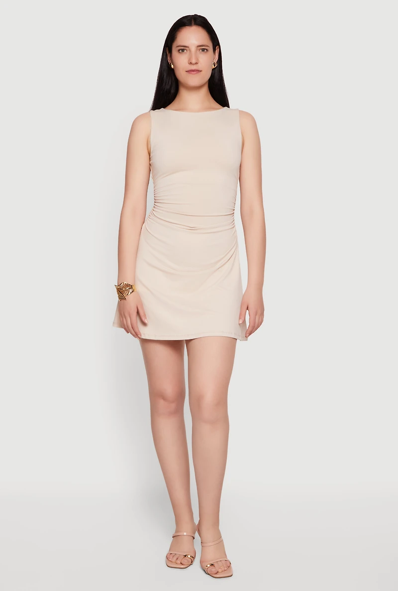 Ruched Side Boat Neck Mini Dress