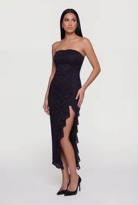 Ruffle Trim Side Slit Lace Overlay Midi Dress