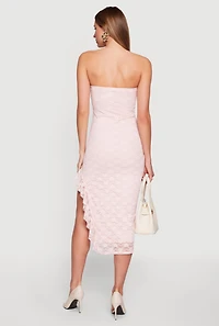 Ruffle Trim Side Slit Lace Overlay Midi Dress