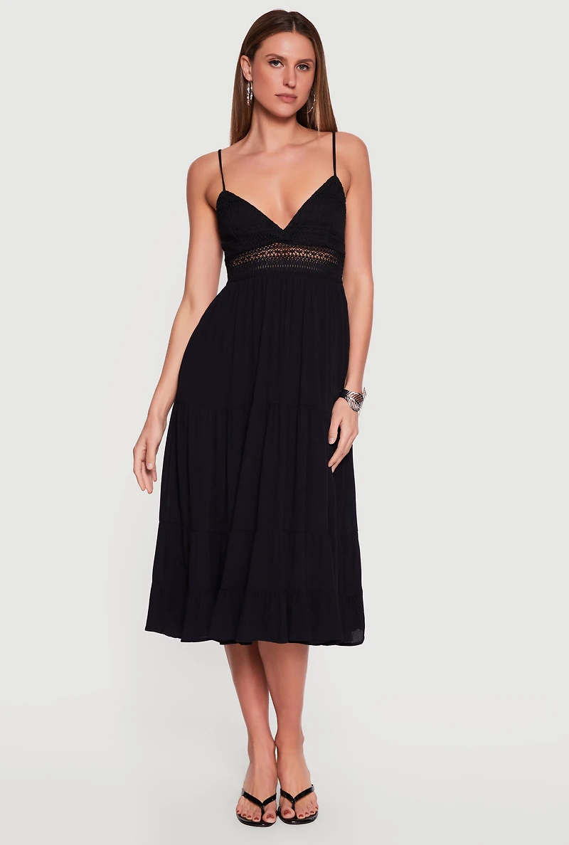 Crochet Detail Sleeveless Tiered Midi Dress
