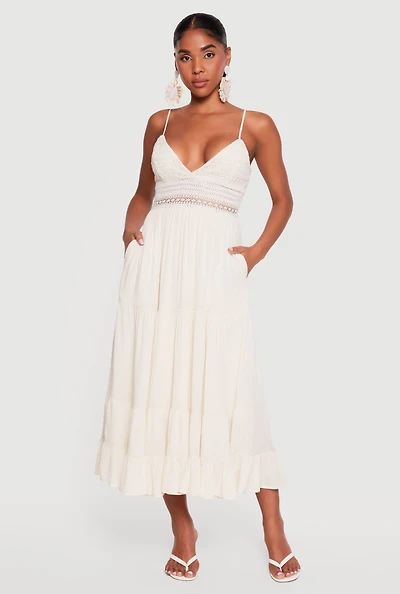Crochet Detail Sleeveless Tiered Midi Dress