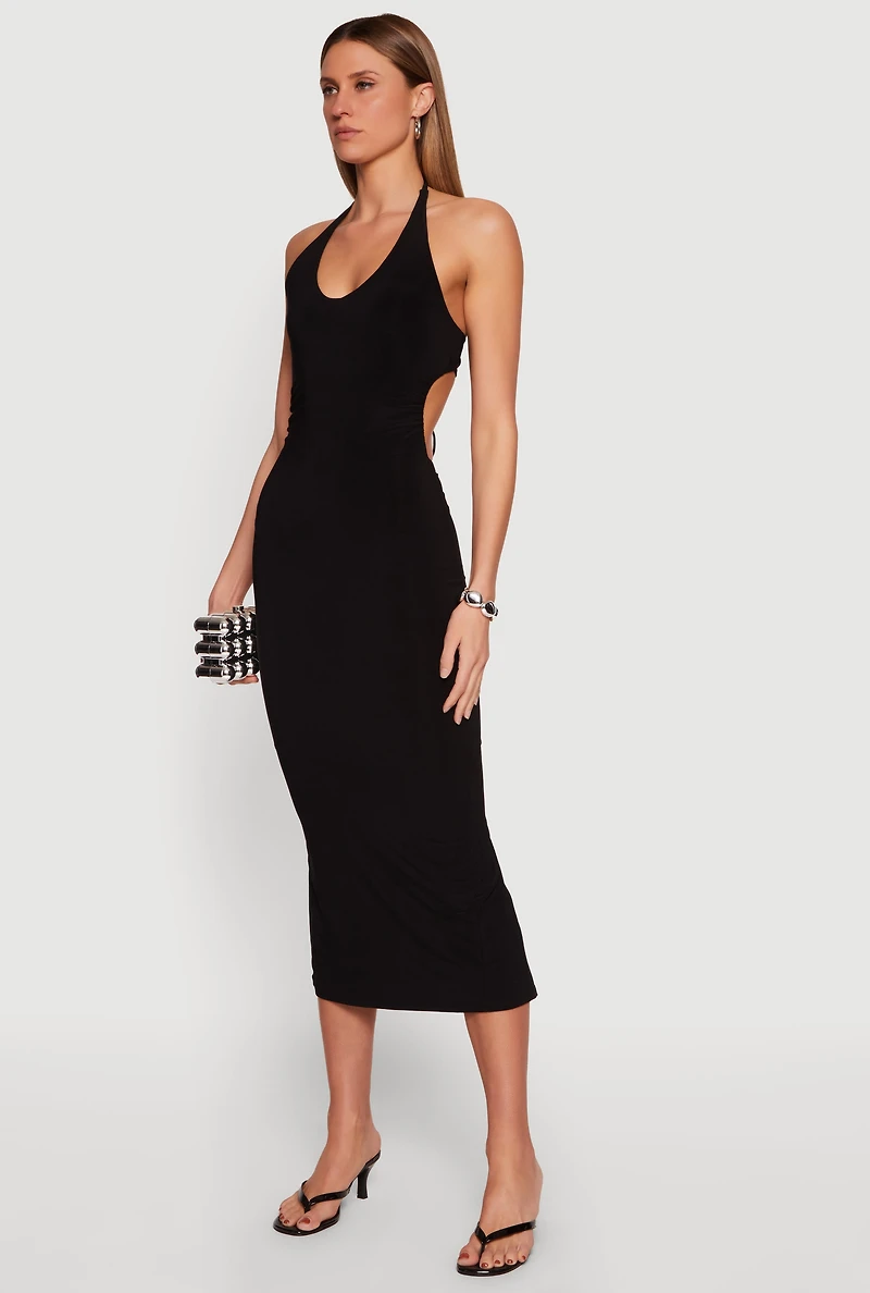 Ruched Cutout Side Halter Maxi Dress