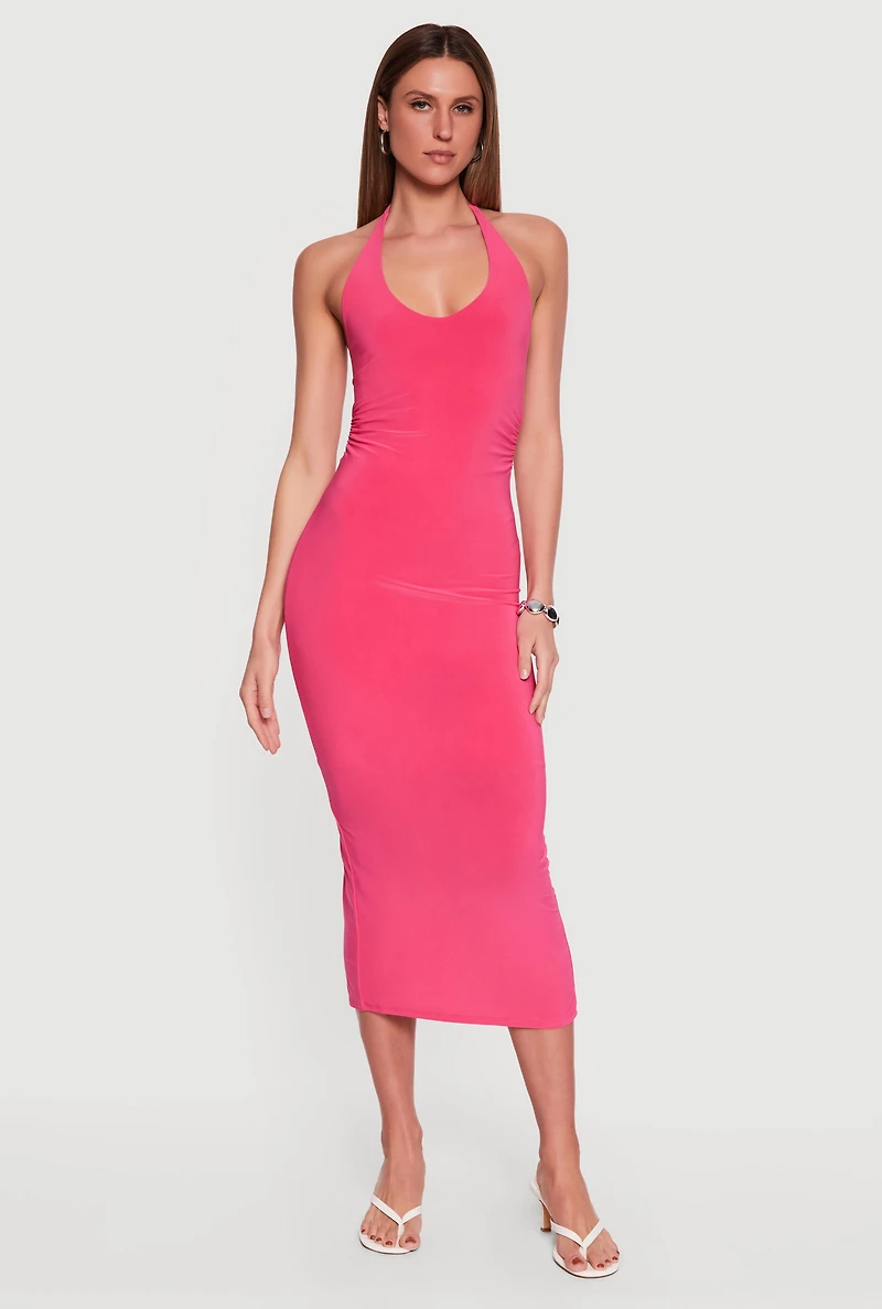 Ruched Cutout Side Halter Maxi Dress