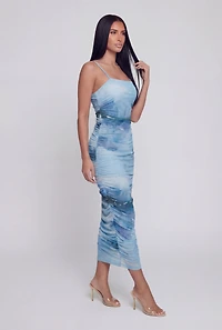 Printed Ruched Square Neck Cami Dress with Side Slit