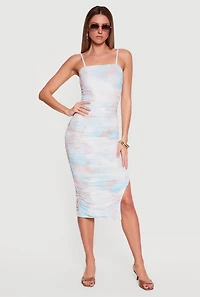 Mesh Overlay Side Ruched Slit Midi Dress