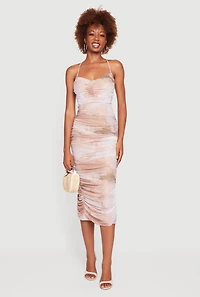 Criss Cross Open Back Mesh Ruched Bodycon Dress