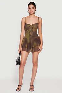 Patterned Mesh Ruffle Trim Lace Front Mini Dress