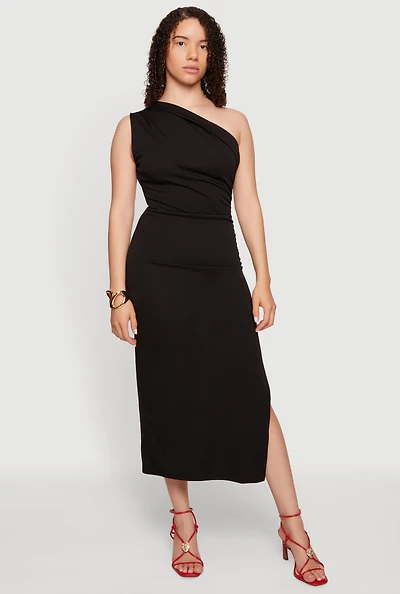 One Shoulder Side Ruched Slit Midi Dress