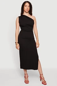 One Shoulder Side Ruched Slit Midi Dress