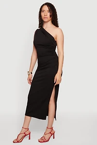 One Shoulder Side Ruched Slit Midi Dress