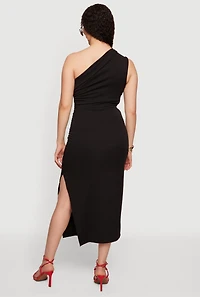 One Shoulder Side Ruched Slit Midi Dress