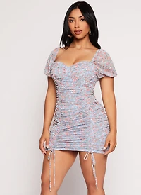 Mesh Floral Print Ruched Peasant Dress