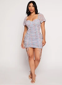 Mesh Floral Print Ruched Peasant Dress