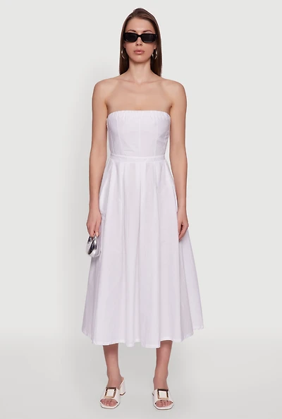 Womens Haute Monde Strapless Pleated Midi Dress with Zip Back, White, Size M