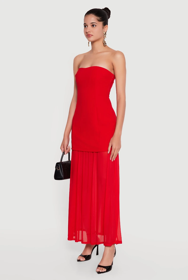 Layered Look Pintuck Detail Mesh Hem Dress