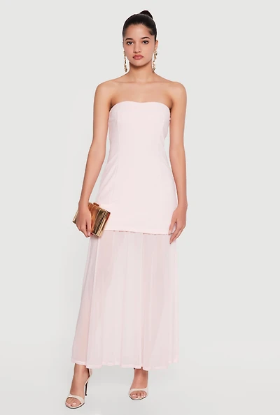 Layered Look Pintuck Detail Mesh Hem Dress