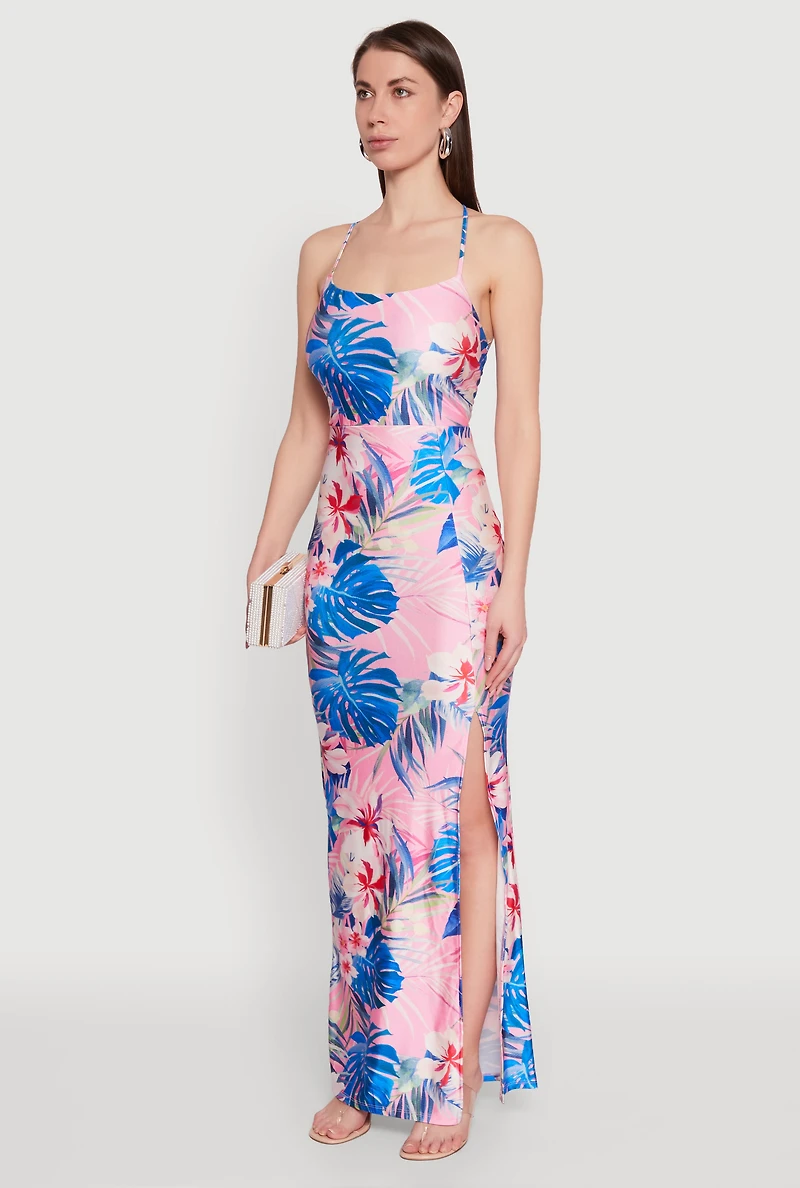 Womens Iris Floral Lace Up Back Maxi Dress, Multi, Size M