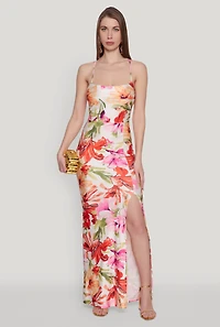 Iris Floral Print Lace Up Back Maxi Dress