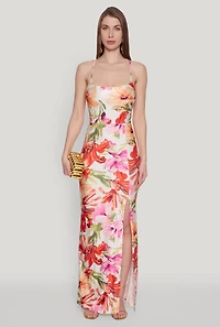Womens Iris Floral Print Lace Up Back Maxi Dress, Multi,