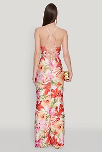 Womens Iris Floral Print Lace Up Back Maxi Dress, Multi,