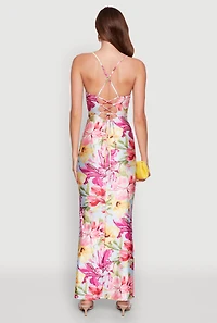 Womens Iris Floral Print Lace Up Back Maxi Dress, Multi,