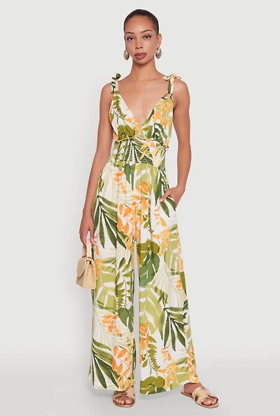 Womens Iris Tropical Leaf Print Sleeveless V-Neck Jumpsuit with Tie Straps, Multi, Size S