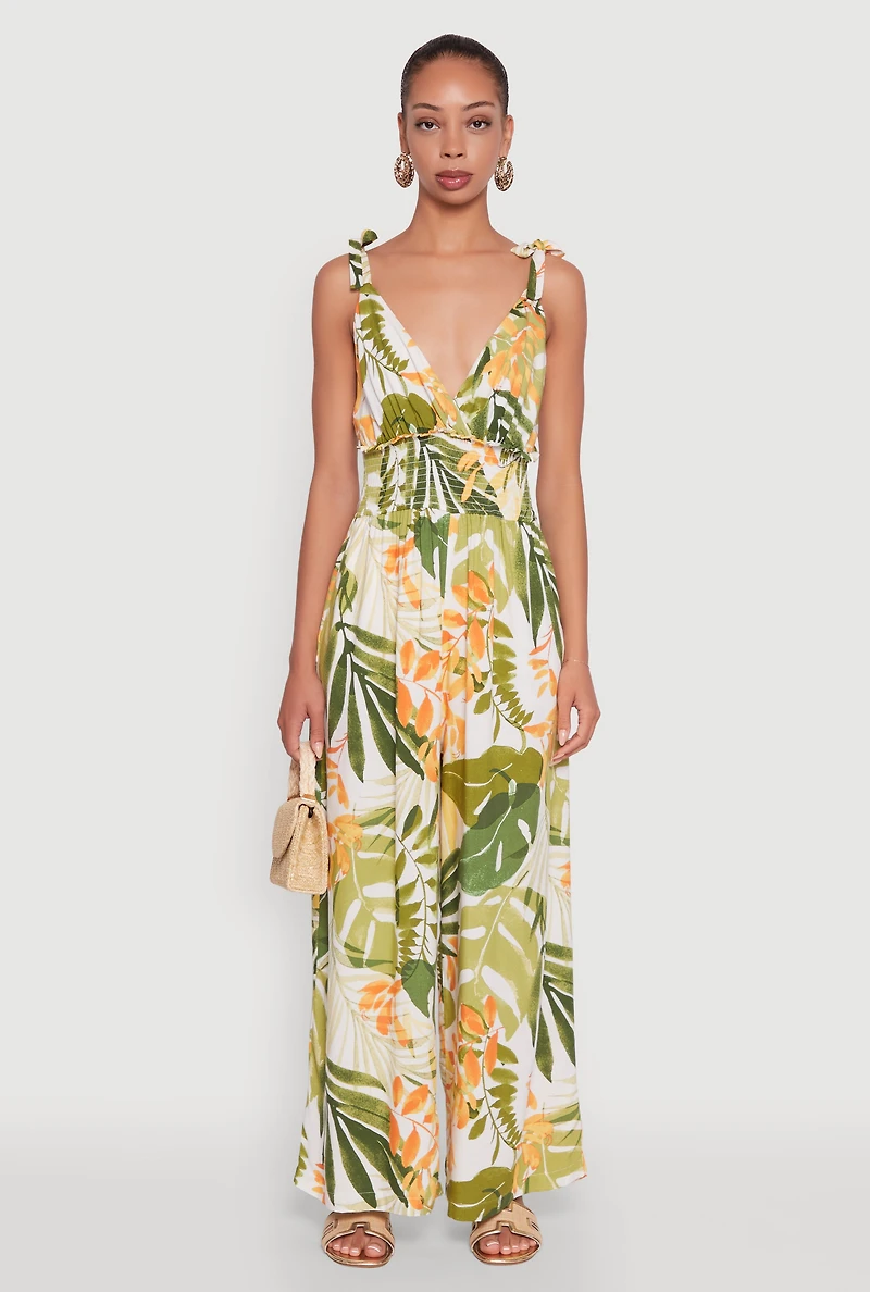 Womens Iris Tropical Leaf Print Sleeveless V-Neck Jumpsuit with Tie Straps, Multi, Size S