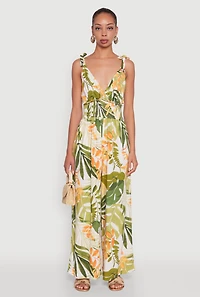Womens Iris Tropical Leaf Print Sleeveless V-Neck Jumpsuit with Tie Straps, Multi, Size S