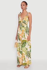 Womens Iris Tropical Leaf Print Sleeveless V-Neck Jumpsuit with Tie Straps, Multi, Size S