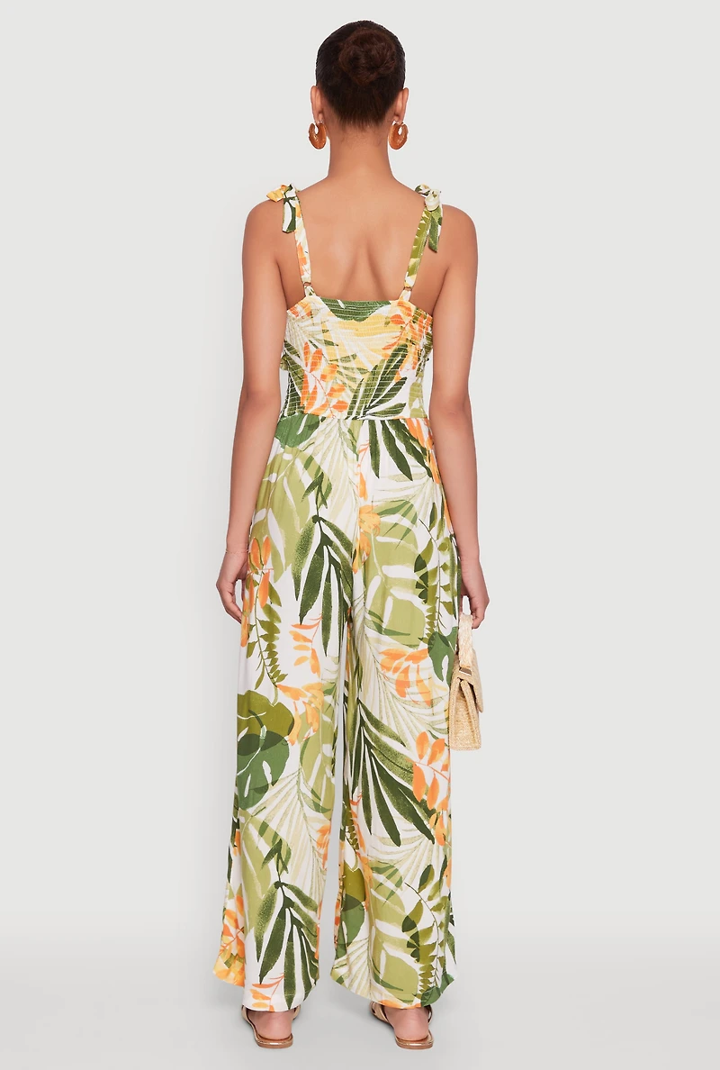 Womens Iris Tropical Leaf Print Sleeveless V-Neck Jumpsuit with Tie Straps, Multi, Size S