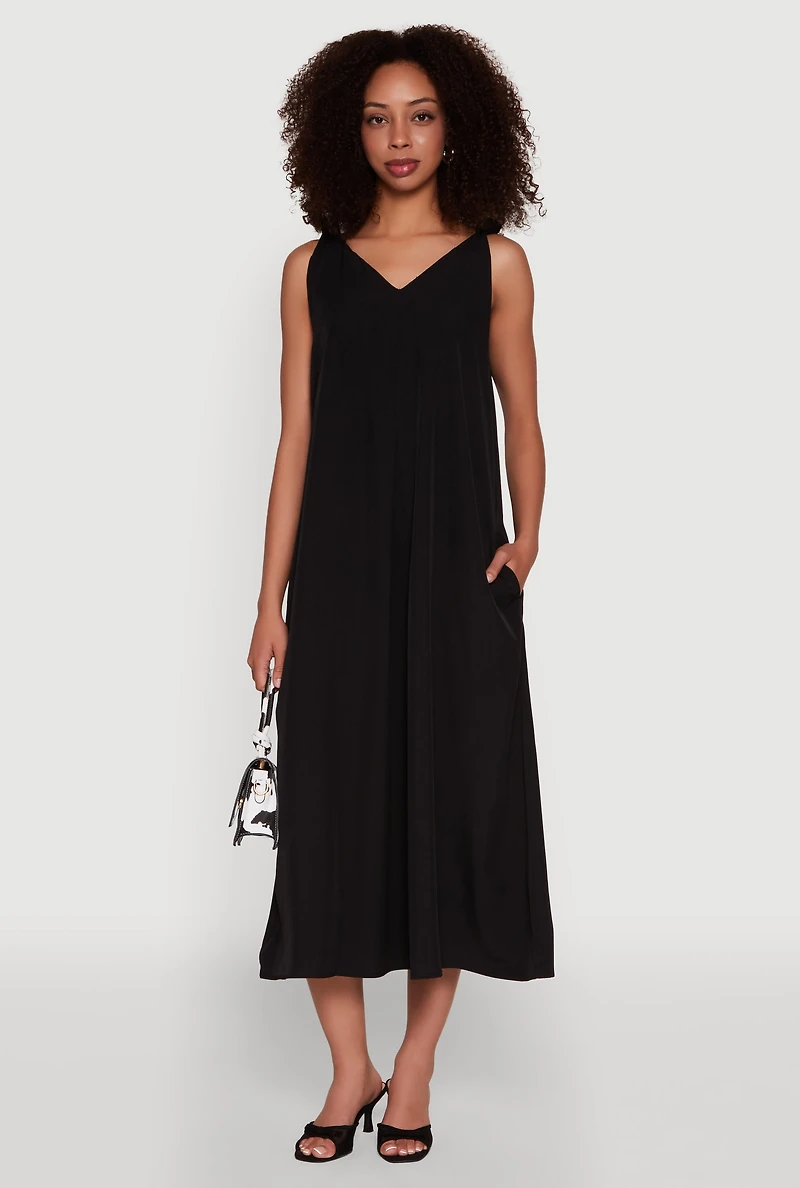 Womens Chic V-Neck Knot Strap Pleated Detail Sundress for Summer, Black, Size S