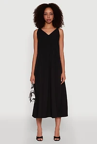 Womens Chic V-Neck Knot Strap Pleated Detail Sundress for Summer, Black, Size M