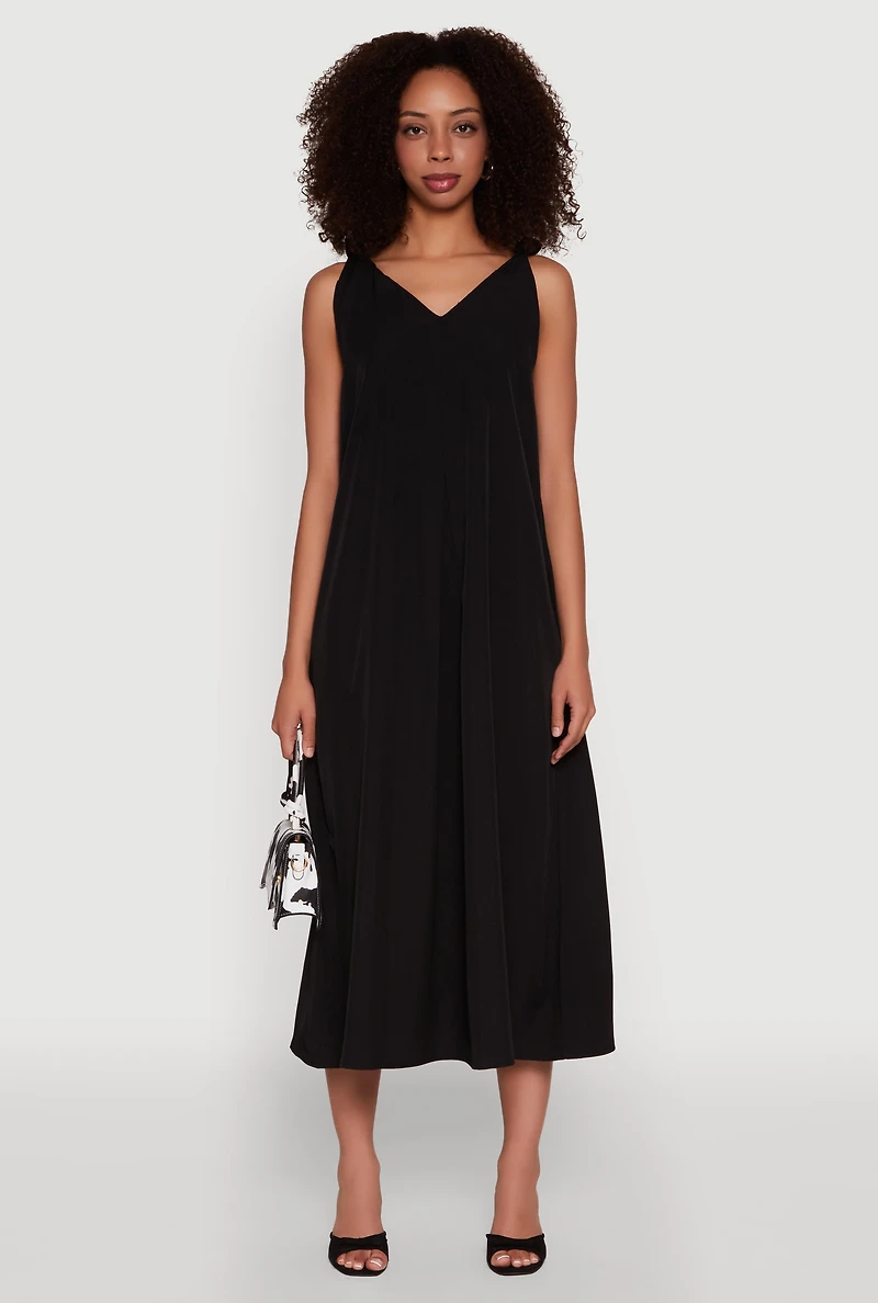 Womens Chic V-Neck Knot Strap Pleated Detail Sundress for Summer, Black, Size L