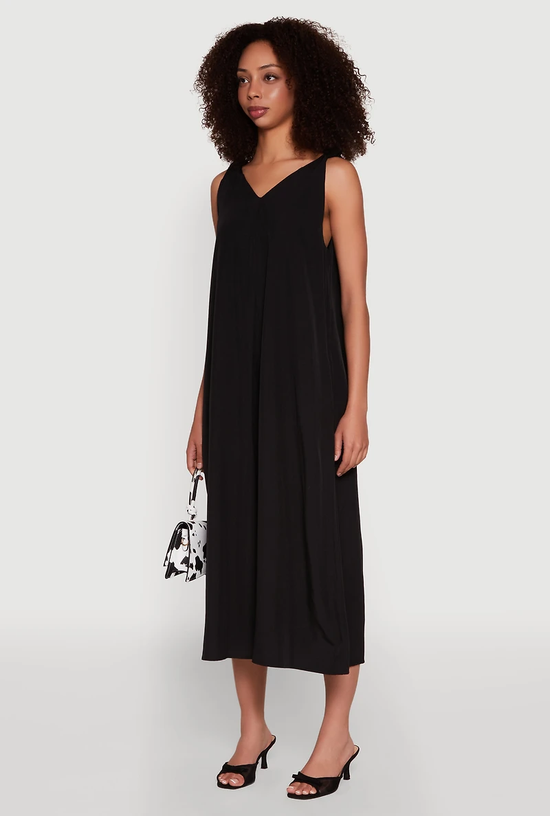 Womens Chic V-Neck Knot Strap Pleated Detail Sundress for Summer, Black, Size M