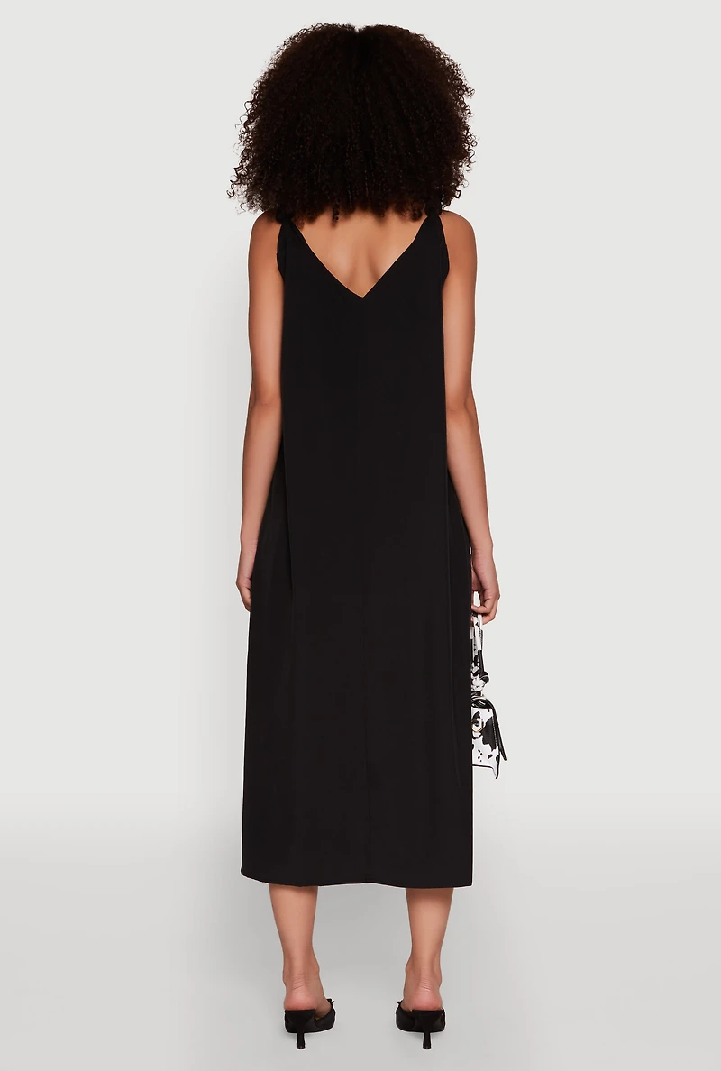 Womens Chic V-Neck Knot Strap Pleated Detail Sundress for Summer, Black, Size L