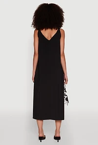 Womens Chic V-Neck Knot Strap Pleated Detail Sundress for Summer, Black, Size L